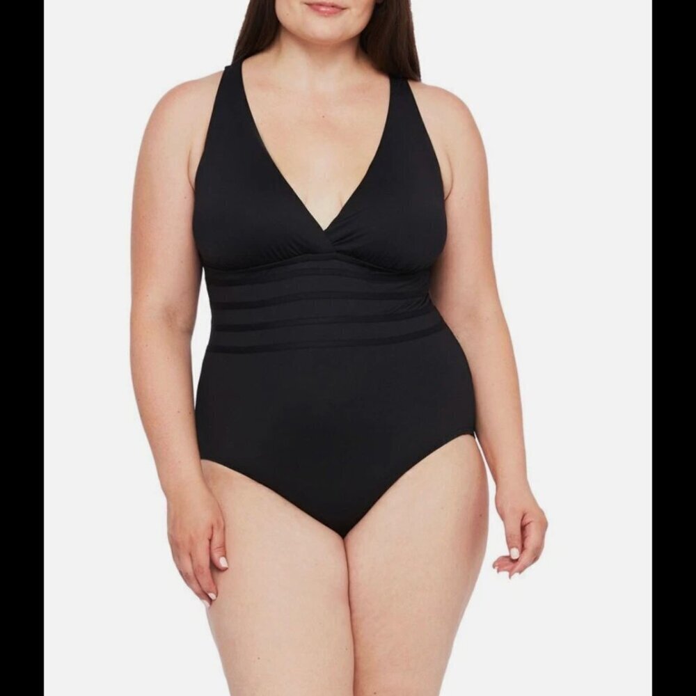 NWT La Blanca Women's Plus Island Goddess Mio One-Piece Swimsuit in Black Sz 22W